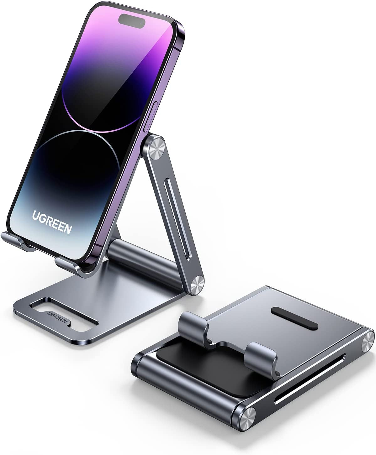 Phone Stand for Desk Cell Phone Holder Adjustable Compatible with Iphone 15/14/13/12 Pro Max/11/Xs Max/Xr/X/8 Plus/Nintendo Switch, Aluminum Metal Desktop Phone Stand Portable, Space Grey