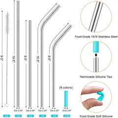 Set of 16 Reusable Stainless Steel Straws