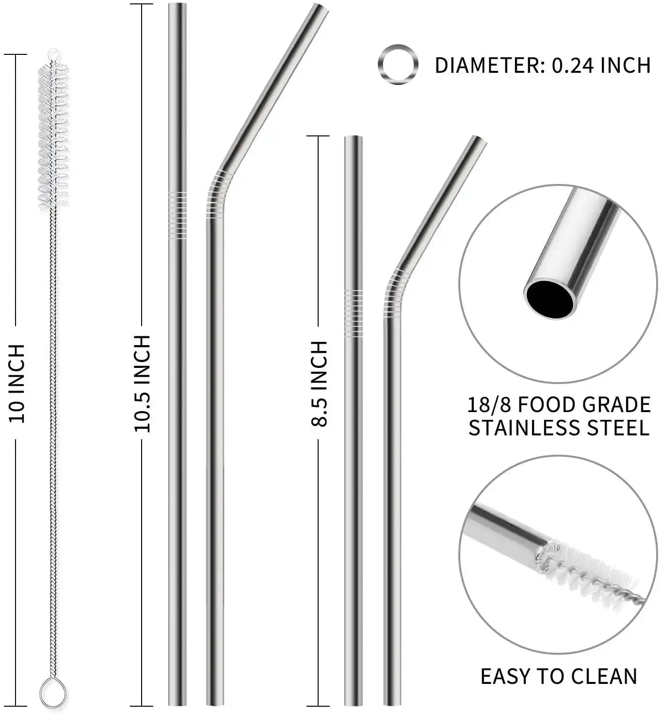 12-Pack Reusable Stainless Steel Straws with Case