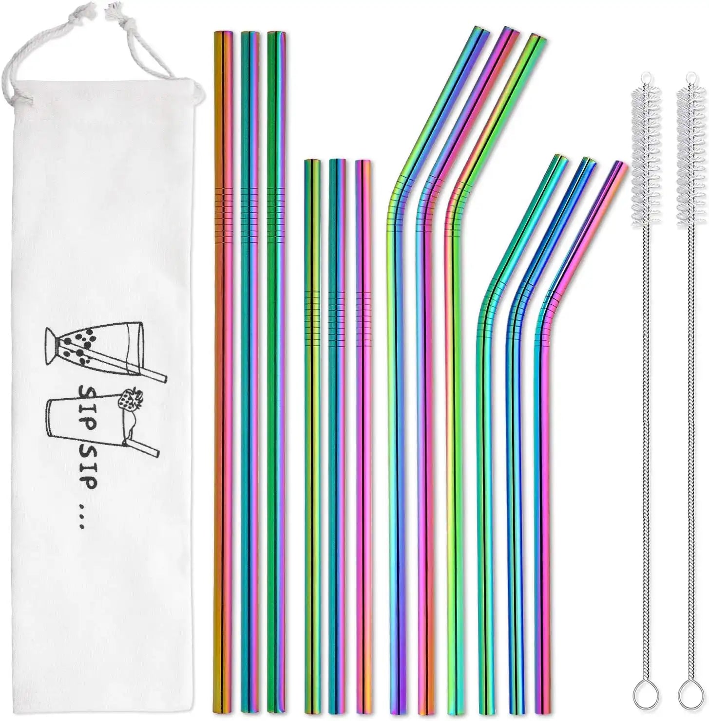 12-Pack Reusable Stainless Steel Straws with Case