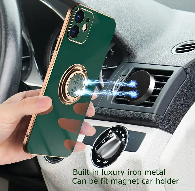 Estuche de silicona con soporte de anillo de lujo para iPhone - Enchapado y suave para máxima protección