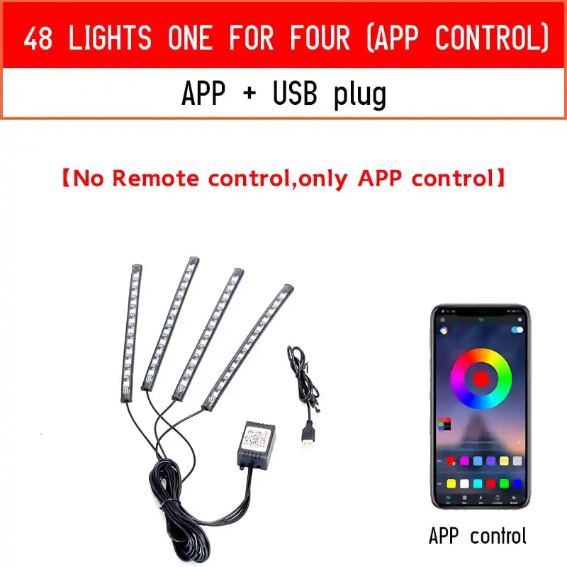 Luz ambiental RGB para automóvil con control de música - Iluminación ambiental LED USB para pies