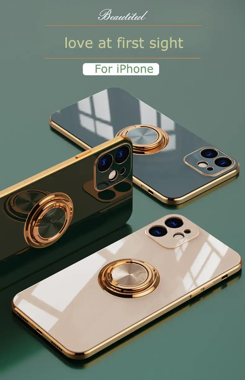 Estuche de silicona con soporte de anillo de lujo para iPhone - Enchapado y suave para máxima protección