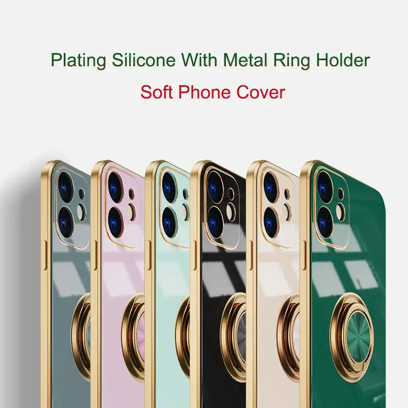 Estuche de silicona con soporte de anillo de lujo para iPhone - Enchapado y suave para máxima protección