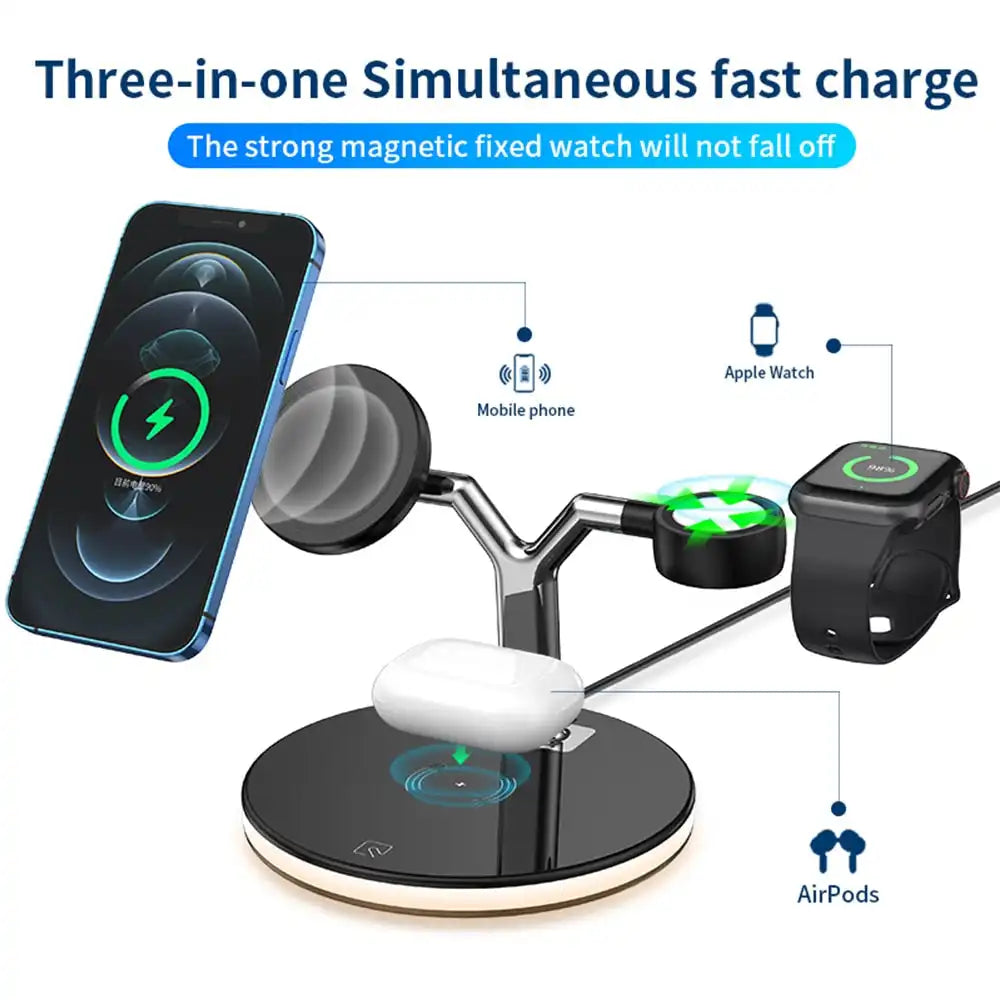 Bonola 15W 3-in-1 Magnetic Wireless Charger with Night Light: Fast Docking Station for All Devices