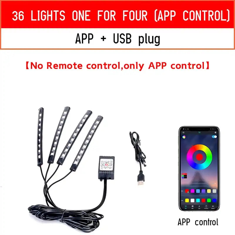 Luz ambiental RGB para automóvil con control de música - Iluminación ambiental LED USB para pies