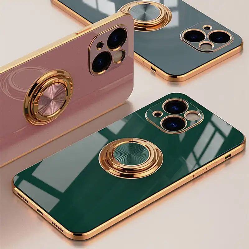 Estuche de silicona con soporte de anillo de lujo para iPhone - Enchapado y suave para máxima protección