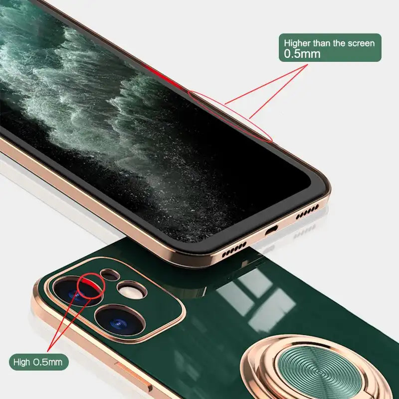 Estuche de silicona con soporte de anillo de lujo para iPhone - Enchapado y suave para máxima protección