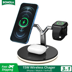 Bonola 15W 3-in-1 Magnetic Wireless Charger with Night Light: Fast Docking Station for All Devices