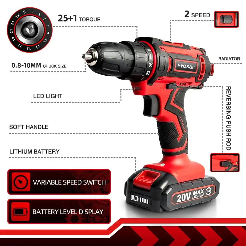 Versatile Cordless Drill - Compact Power Driver with 12V, 16V, 20V Lithium-Ion Battery