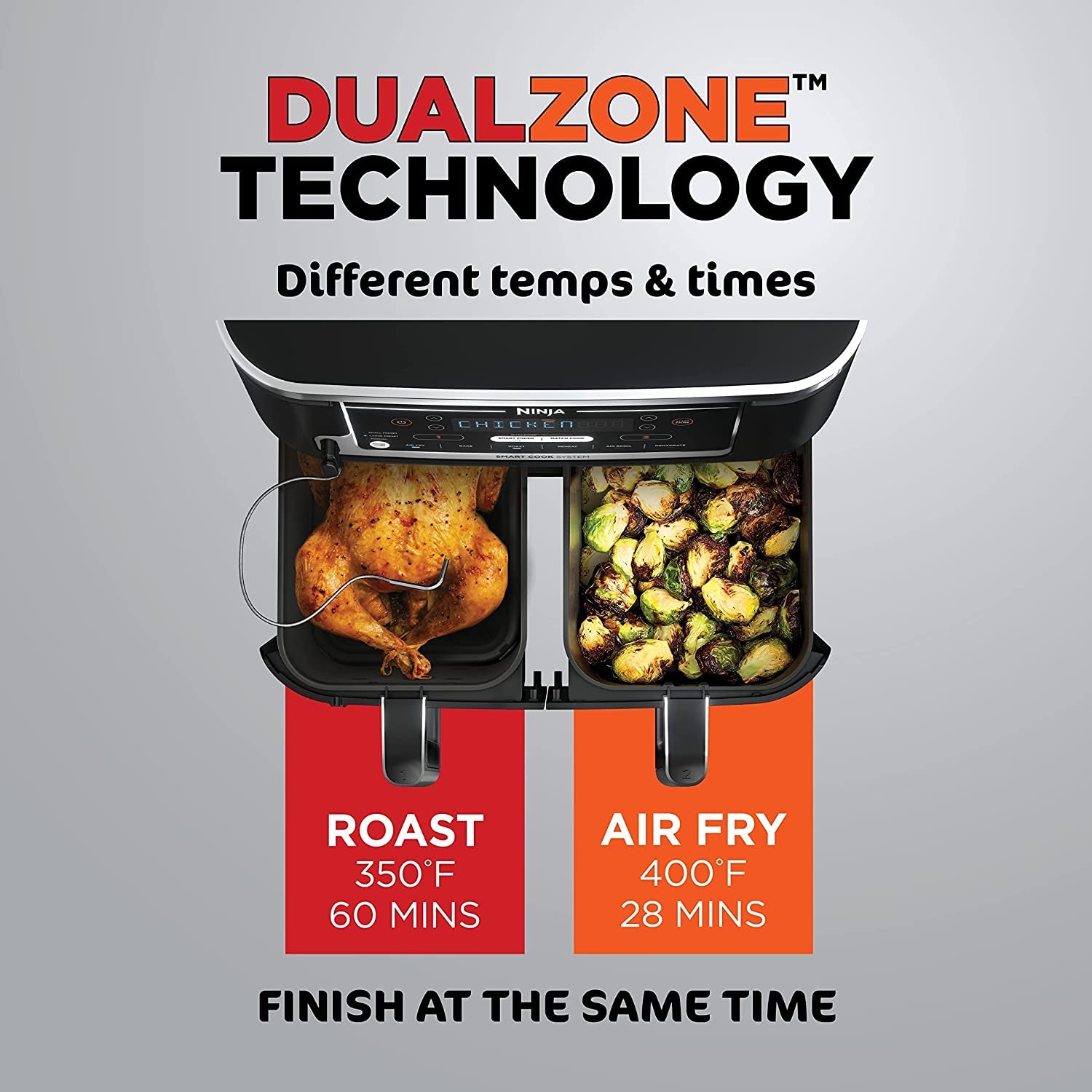 DZ550 Foodi 10 Quart 6-In-1 Dualzone Smart XL Air Fryer with 2 Independent Baskets, Thermometer for Perfect Doneness, Match Cook & Smart Finish to Roast, Dehydrate & More, Grey