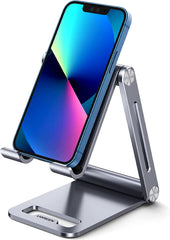 Phone Stand for Desk Cell Phone Holder Adjustable Compatible with Iphone 15/14/13/12 Pro Max/11/Xs Max/Xr/X/8 Plus/Nintendo Switch, Aluminum Metal Desktop Phone Stand Portable, Space Grey