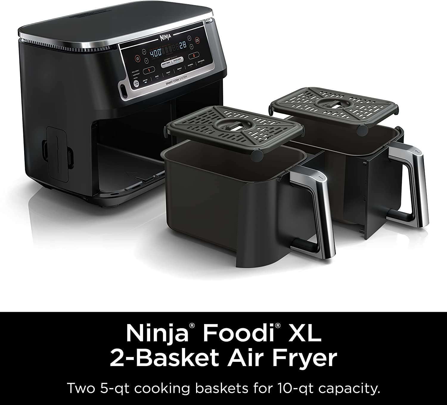 DZ550 Foodi 10 Quart 6-In-1 Dualzone Smart XL Air Fryer with 2 Independent Baskets, Thermometer for Perfect Doneness, Match Cook & Smart Finish to Roast, Dehydrate & More, Grey